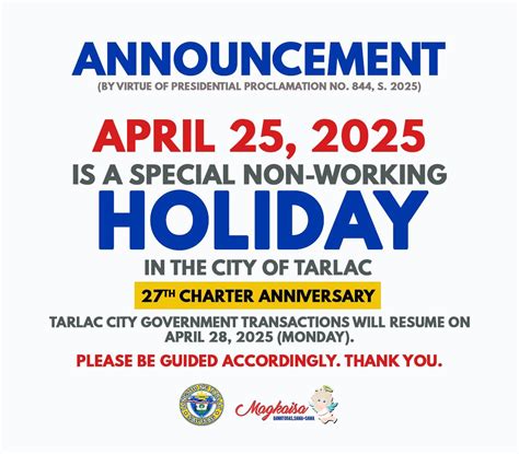 April 25 a holiday in Tarlac City .